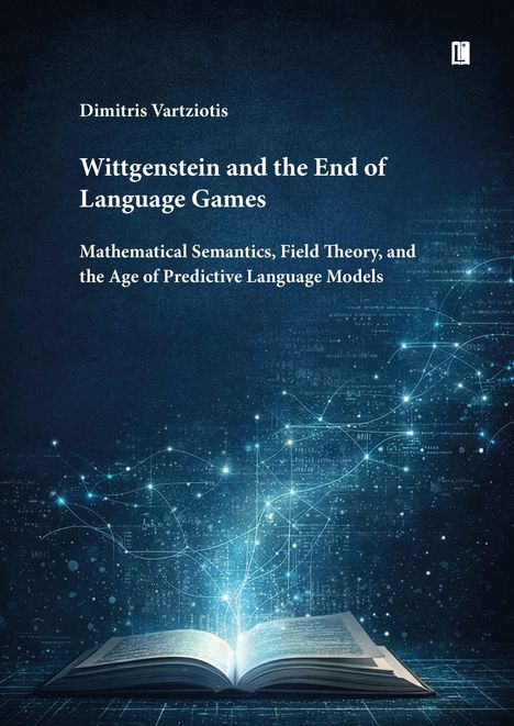 Buch von Dimitris Vartziotis: "Wittgenstein and the End of Language Games". Offenes Buch mit digitalen Lichtlinien.
