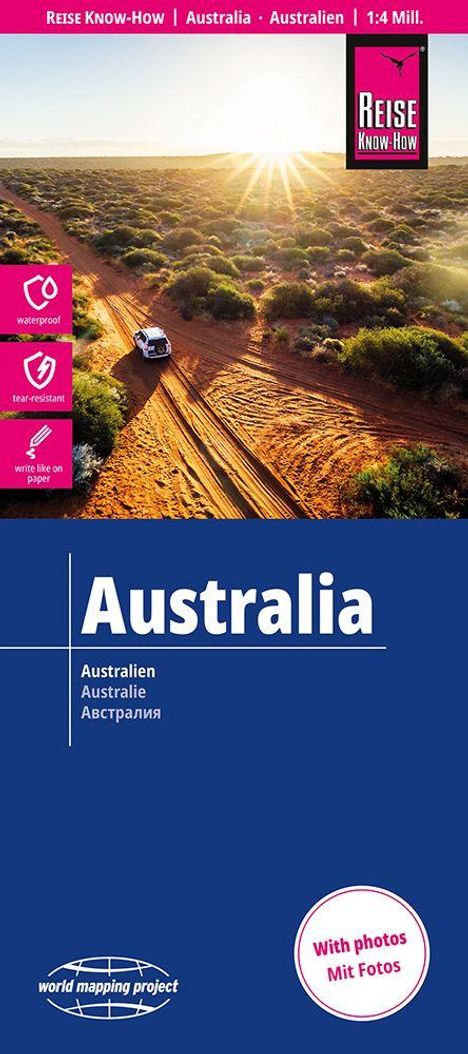 Text: "Australia, Australien, Australie, Австрaлия. Reise Know-How. waterproof, tear-resistant, write like on paper." Ein Auto fährt auf einer Sandstraße durch eine Buschlandschaft.