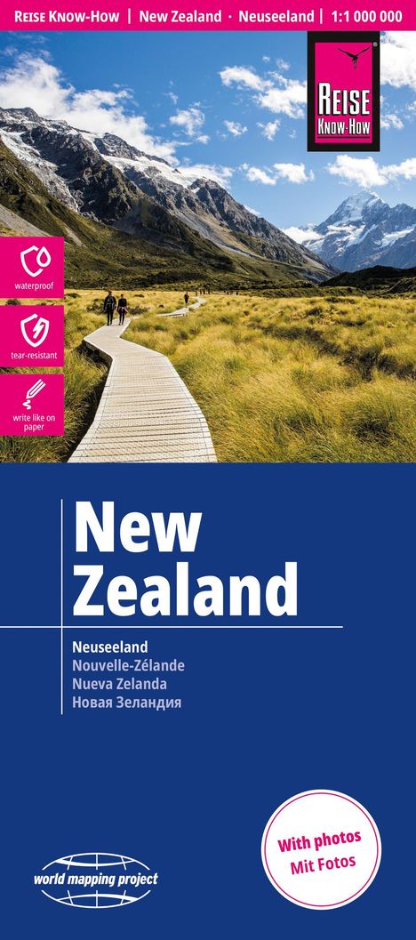 Text: "New Zealand, Neuseeland, Nouvelle-Zélande, Nueva Zelanda, Новая Зеландия." Berglandschaft mit Holzweg und Wanderern.