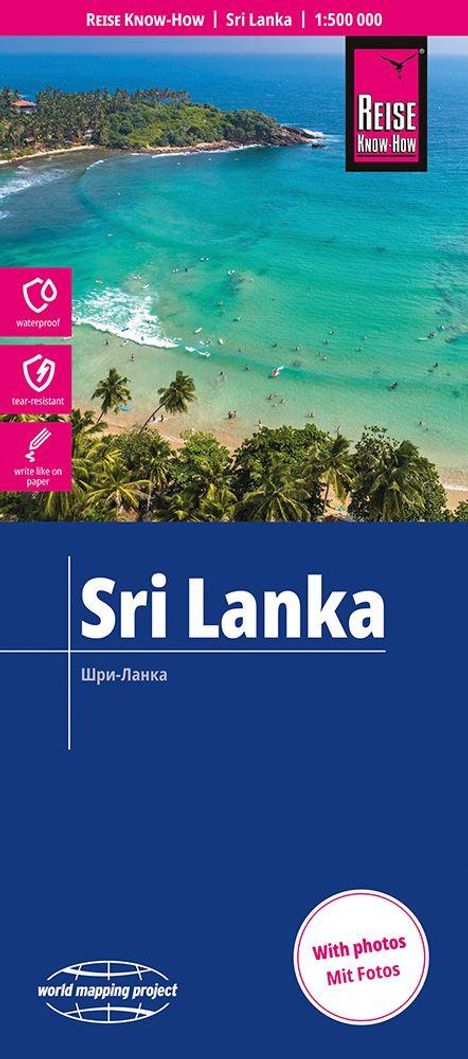 "Sri Lanka", "Waterproof", "Tear-resistant", "Write like on paper". Tropischer Strand mit grünen Palmen und blauem Meer.
