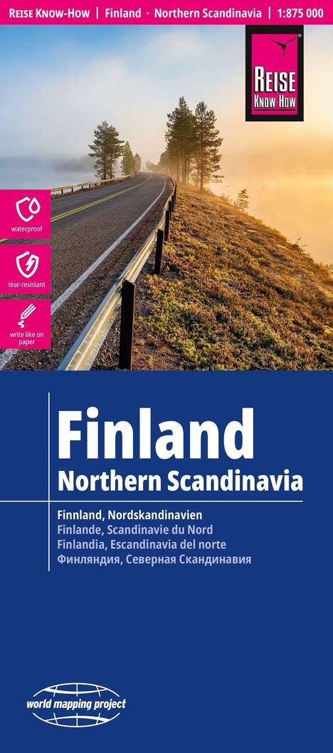„Finland Northern Scandinavia“. Titelbild mit Straße, Bäumen und Nebel im Sonnenlicht. Enthält pinkes „Reise Know-How“ Logo.