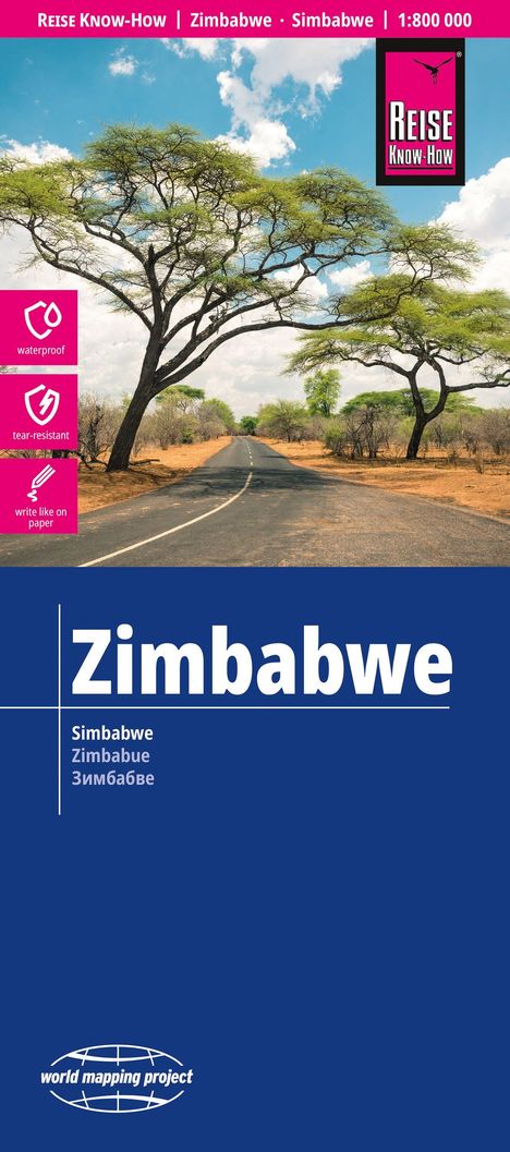 Reise Know-How, Zimbabwe, 1:800 000, Zimbabwestraße mit Bäumen, Symbole für wasserdicht, reißfest, beschreibbar.