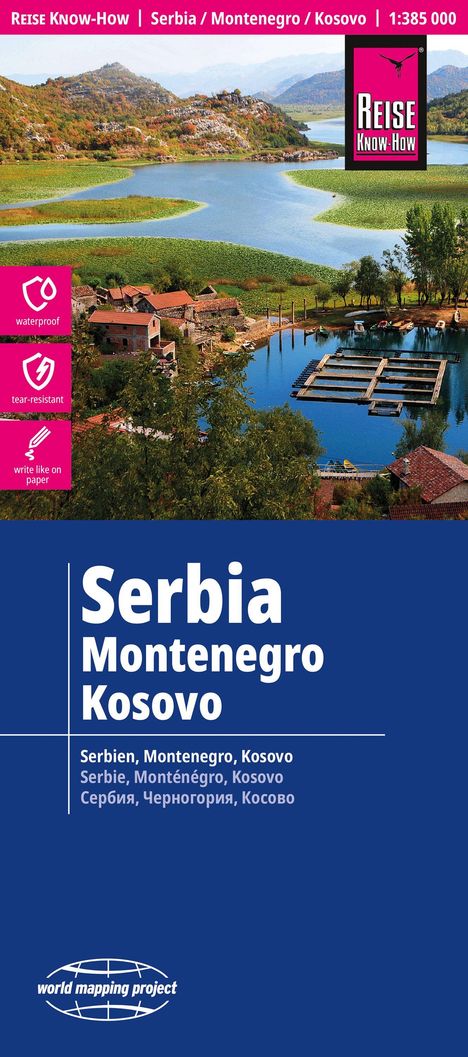"Serbia, Montenegro, Kosovo; wasserfest, reißfest, schreibt wie auf Papier. Landschaft mit Fluss und Hügeln."