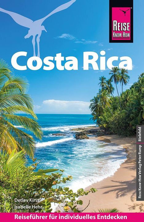 Costa Rica. Reiseführer für individuelles Entdecken. Palmen, Strand und blaues Meer im Hintergrund. Reise Know-How Logo.
