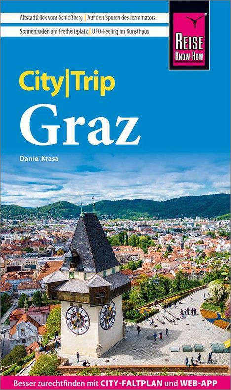 Reiseführer "City|Trip Graz" von Daniel Krasa. Luftaufnahme der Stadt Graz mit Uhrturm im Vordergrund und Bergen im Hintergrund.