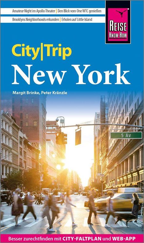 Reiseführer-Cover. Oben: "Amateur Night im Apollo Theater" und andere Tipps. Darunter "City|Trip New York". Straße bei Sonnenuntergang.