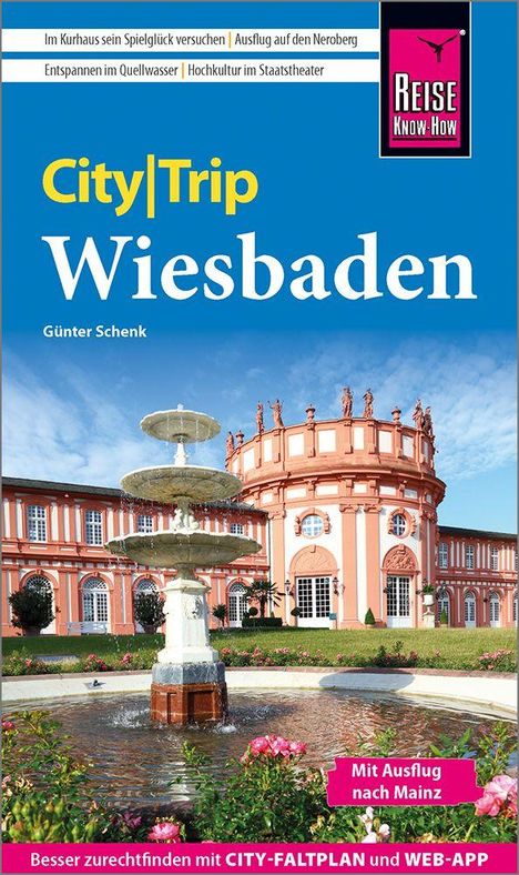 „City|Trip Wiesbaden“, „Mit Ausflug nach Mainz“. Brunnen vor einem prächtigen historischen Gebäude mit Kuppel.