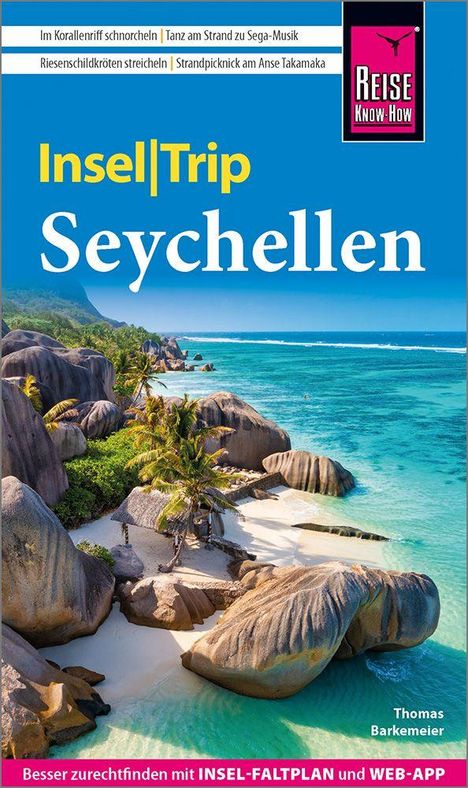 Text: "Insel|Trip Seychellen", Themen wie Schnorcheln, Tanz, Schildkröten, Picknick. Bild von Felsen und Strand mit Palmen und blauem Meer.