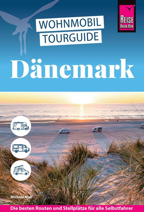 Text: „WOHNMOBIL TOURGUIDE Dänemark“. Illustration: Strand mit Wohnmobilen im Sonnenuntergang.