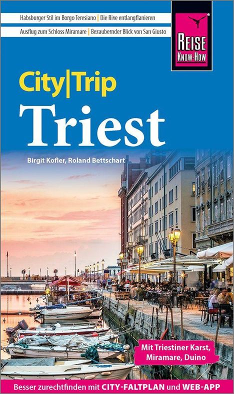 Text: "City|Trip Triest", "Mit Triestiner Karst, Miramare, Duino", "Besser zurechtfinden mit CITY-FALTPLAN und WEB-APP". 

Eine belebte Wasserpromenade bei Sonnenuntergang.