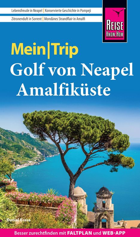 Titel: Mein Trip - Golf von Neapel Amalfi. Bild: Küste mit Baum und historischem Turm vor blauem Meer.