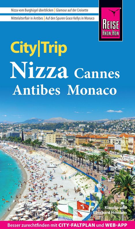 Reiseführer-Cover mit Texten zu Nizza, Cannes, Antibes und Monaco. Strandbild mit türkisfarbenem Meer und Promenade.