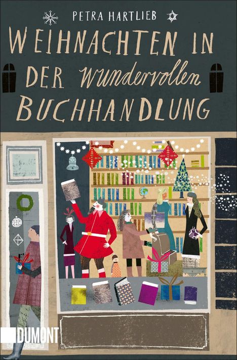"Weihnachten in der wundervollen Buchhandlung" von Petra Hartlieb. Illustration: Menschen in einer festlich dekorierten Buchhandlung.