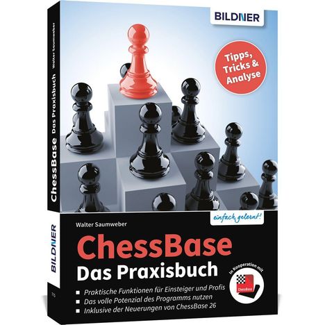 Titel: "ChessBase Das Praxisbuch". Ein roter Bauer steht über schwarzen Bauern auf Würfeln.