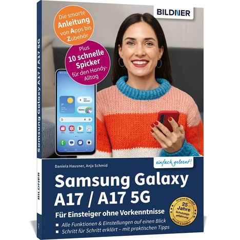 "BILDNER", "Samsung Galaxy A17 / A17 5G", "Für Einsteiger ohne Vorkenntnisse". Frau mit Handy, daneben ein Smartphone.