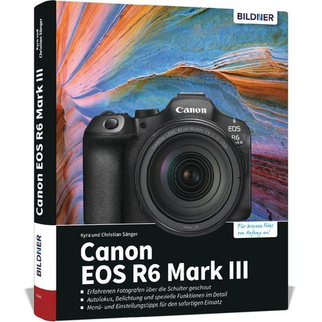 "Canon EOS R6 Mark III" groß in Weiß auf Schwarz. Darunter Kameraabbildung vor buntem Hintergrund, oben "BILDNER" Logo.