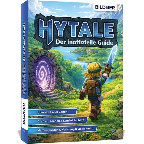 „HYTALE Der inoffizielle Guide“, bietet Spielinformationen. Bild zeigt Fantasy-Szene mit Held und Portal.
