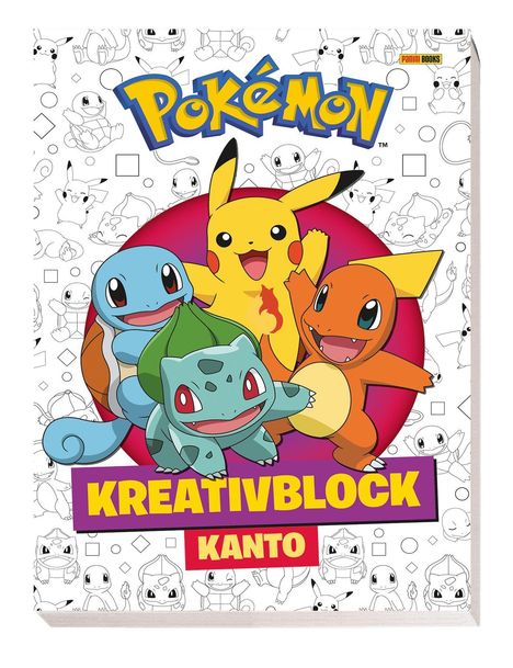 "Pokémon Kreativblock Kanto". Illustration von Pikachu, Schiggy, Bisasam und Glumanda vor einem Muster aus Pokémon-Skizzen.