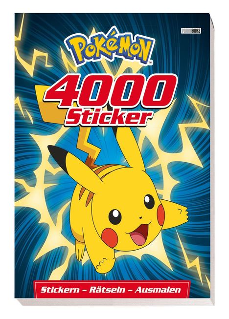 Logo. Texte: "Pokémon", "4000 Sticker", "Stickern – Rätseln – Ausmalen". Pikachu auf blauem Hintergrund mit gelben Blitzen.