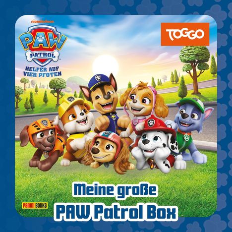 "Meine große PAW Patrol Box" steht im Vordergrund. Darunter fröhliche Hunde in bunter Kleidung auf einer Wiese.
