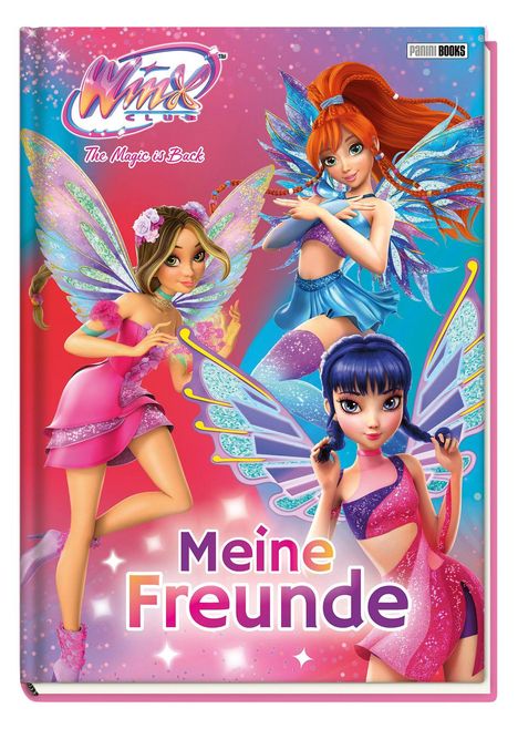 „Meine Freunde“ in großen Buchstaben. Drei Feen mit bunten Flügeln, eine trägt pink, die andere blau.