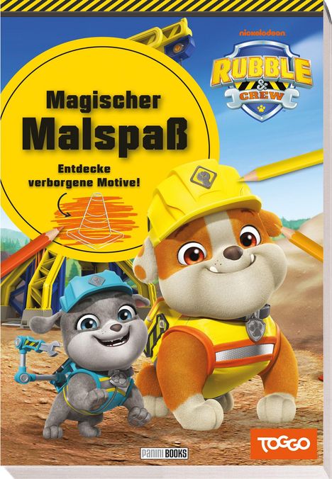 „Magischer Malspaß. Entdecke verborgene Motive!“ Zwei animierte Hunde in Bauhelmen, fröhlich auf einer Baustelle.