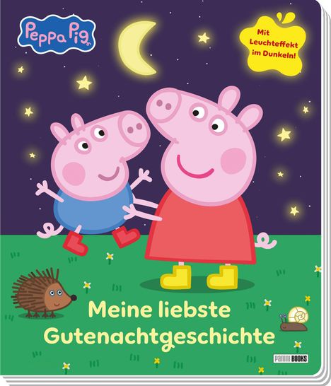 "Meine liebste Gutenachtgeschichte" und "Mit Leuchteffekt im Dunkeln!" Zwei Schweinefiguren, Mond, Sterne und ein Igel.