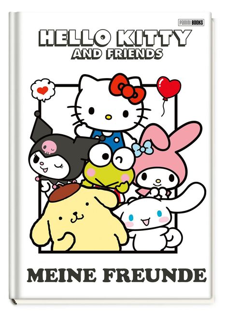 „HELLO KITTY AND FRIENDS“ oben, „MEINE FREUNDE“ unten. Illustration niedlicher Cartoon-Charaktere in einem Rahmen.