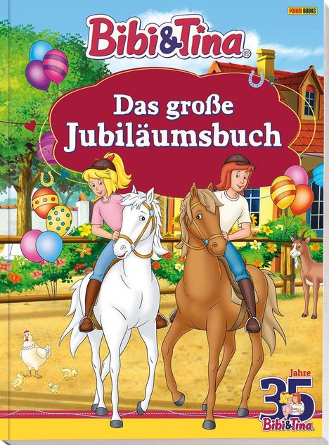 "Das große Jubiläumsbuch." Zwei Mädchen reiten auf Pferden, umgeben von Luftballons und Tieren.