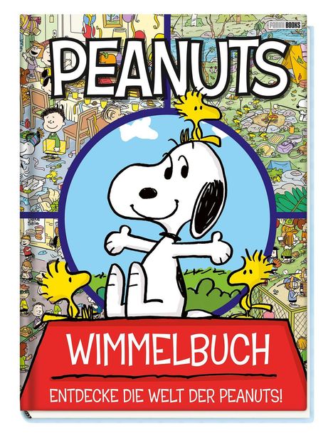 "PEANUTS, Wimmelbuch - Entdecke die Welt der Peanuts!" Illustration von Snoopy mit Woodstock, umgeben von bunten Szenen.