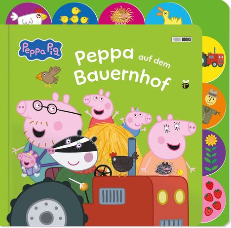 „Peppa auf dem Bauernhof“ und „Peppa Pig“ auf einem grünen Hintergrund. Zeichnung von fröhlichen Tieren auf einem Traktor.