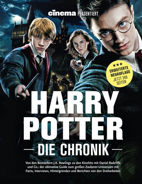 "Cinema präsentiert Harry Potter - Die Chronik. Erweiterte Neuauflage: Jetzt 240 Seiten." Drei Jugendliche mit Zauberstäben.