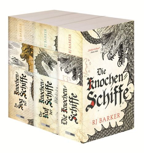 Buchreihe von RJ Barker: "Im Sog der Knochen Schiffe", "Der Ruf der Knochen Schiffe", "Die Knochen Schiffe"; mit Drachenmotiv.