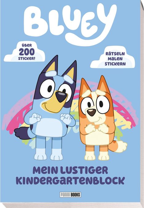 „BLÜEY“, „Über 200 Sticker!“, „Rätseln Malen Stickern“. Zwei cartoonartige Hunde auf blauem Hintergrund.