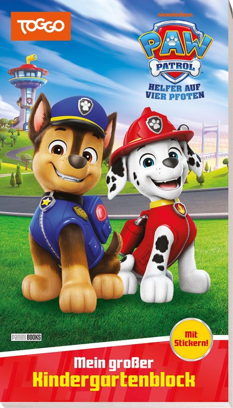 TOGGO, PAW Patrol: Helfer auf vier Pfoten. Mein großer Kindergartenblock. Zwei fröhliche Hunde in Uniformen.