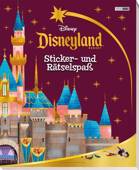 Disneyland Resort Sticker- und Rätselspaß. Illustration eines bunten Schlosses mit Sternen auf lila Hintergrund.