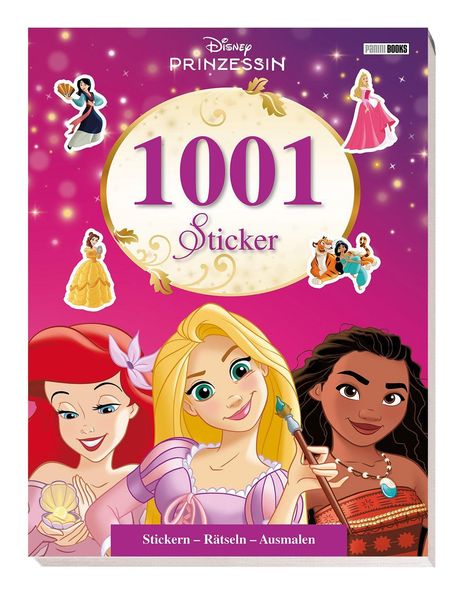 "1001 Sticker, Stickern – Rätseln – Ausmalen." Illustration von Disney-Prinzessinnen auf einem rosa Hintergrund.