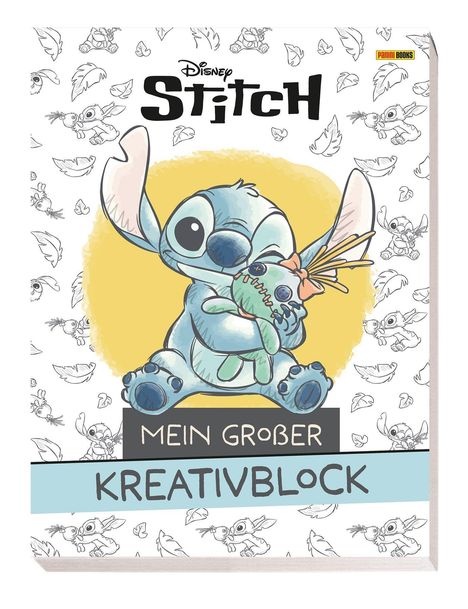 "Disney Stitch", "Mein großer Kreativblock". Illustration von Stitch mit Kuscheltier, Hintergrund voller kleiner Kritzeleien.