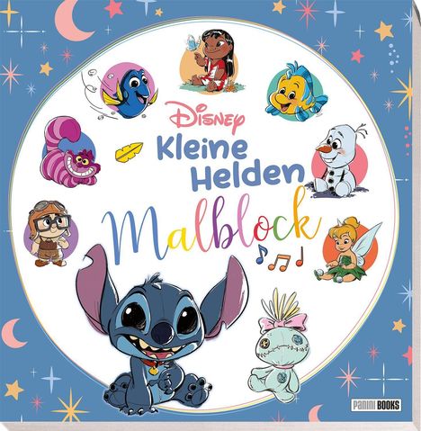 "Disney Kleine Helden Malblock" steht in der Mitte. Bunte Charaktere und Symbole umgeben den Text, auf blauem Hintergrund.