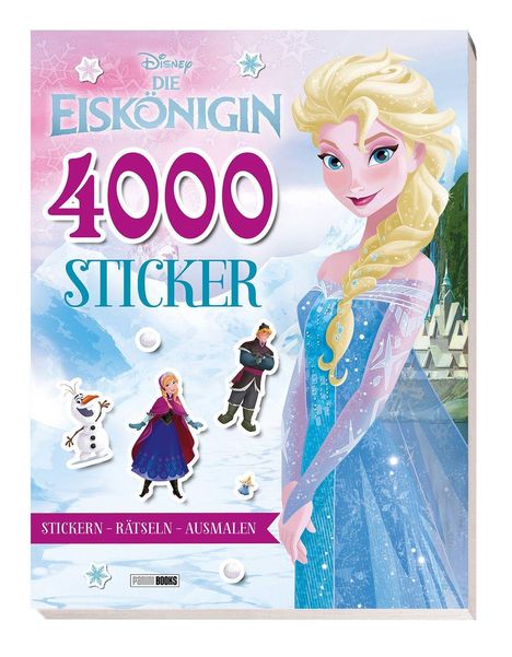 „4000 Sticker“, „Stickern - Rätseln - Ausmalen“. Illustration einer blonden Frau im blauen Kleid vor winterlicher Kulisse.
