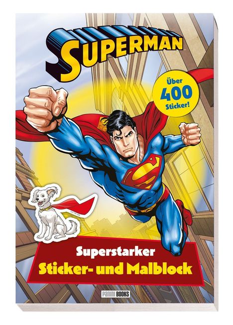 „Superman“ steht oben groß. „Über 400 Sticker!“ steht in einem gelben Kreis. Illustration von Superman und einem Hund.