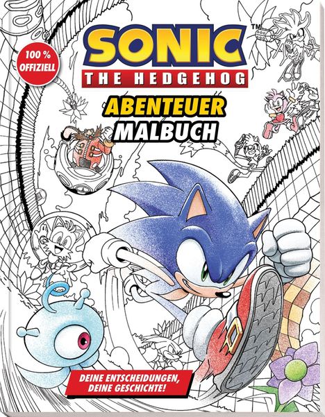 "Sonic The Hedgehog", "Abenteuer Malbuch", "100% offiziell", "Deine Entscheidungen, deine Geschichte!". Sonic springt nach vorn.