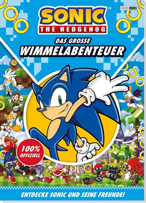 Text: "Sonic the Hedgehog: Das große Wimmelabenteuer. Entdecke Sonic und seine Freunde!" Illustration von Sonic umgeben von Ringen.