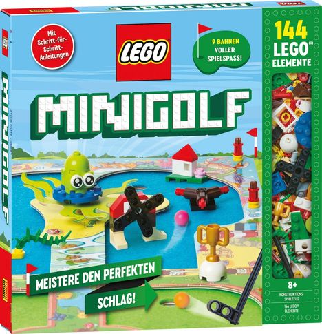 LEGO Minigolf-Set, 9 Bahnen, 144 Elemente, mit Spielfigur und Golfschläger. Verpackung zeigt eine Minigolf-Szene.