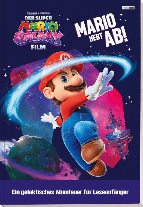 „Mario hebt ab!“ und „Ein galaktisches Abenteuer für Leseanfänger“. Mario fliegt im Weltraum, mit Planeten und Raumstationen.