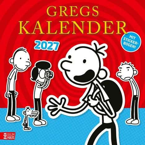 "Gregs Kalender 2027" in gelber Schrift auf rotem Hintergrund. Illustration von fünf Figuren mit einem Stickerbogen-Hinweis.