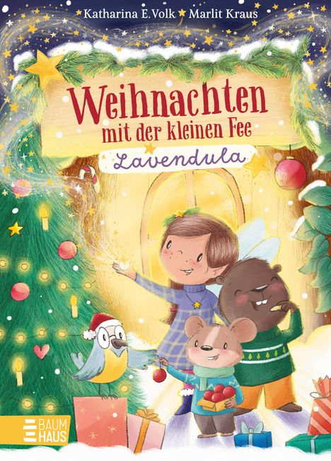 "Weihnachten mit der kleinen Fee Lavendula." Illustration: Eine Fee und Tiere feiern vor einem Weihnachtsbaum.