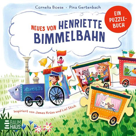 "Neues von Henriette Bimmelbahn." Illustration einer bunten, fröhlichen Zugfahrt mit Tieren und einem Kind.