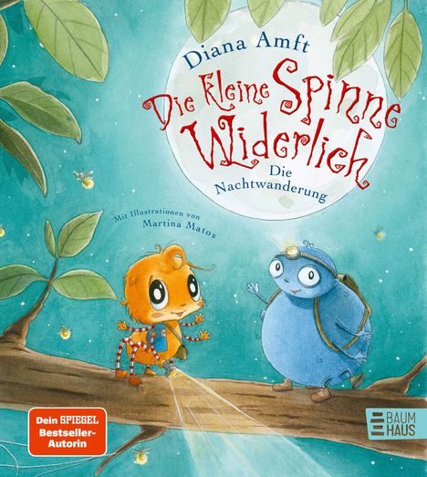 Text: "Die kleine Spinne Widerlich: Die Nachtwanderung", "Illustrationen von Martina Matos", "Dein SPIEGEL Bestseller-Autorin". Illustration: Zwei freundliche, bunte Insekten auf einem Ast.