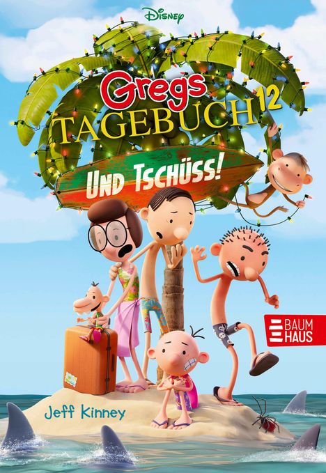 "Gregs Tagebuch 12: Und tschüss! Baumhaus. Jeff Kinney." Cartoon-Figuren auf einer Insel mit Haiflossen im Wasser.